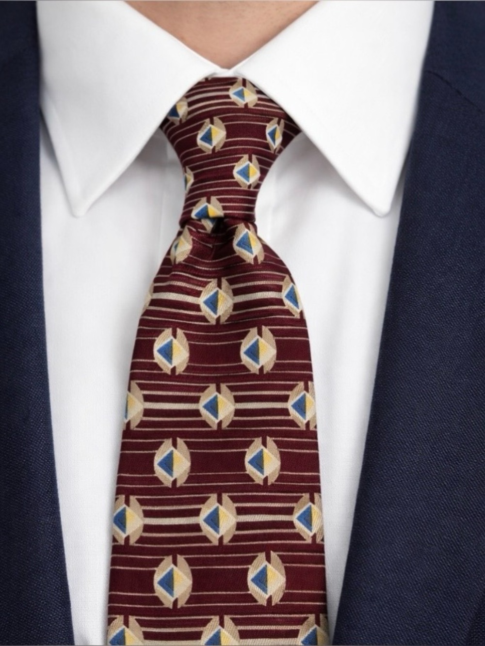 Evan Picone 100% Silk Tie Burgundy Geometric Diamond Stripe Classic Designer 59"